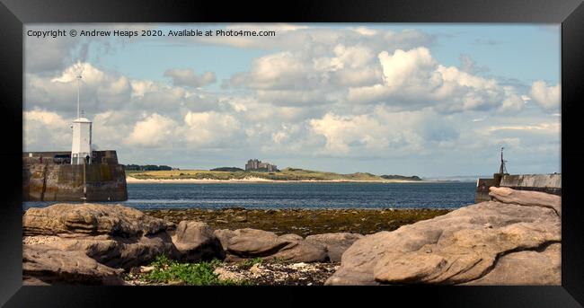 Bamburgh Castle viewed from Seahouses. Framed Print by Andrew Heaps
