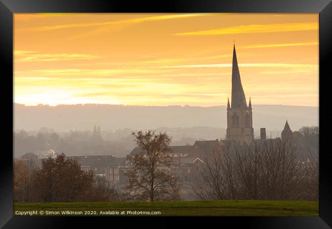 Chesterfield Crooked Spire on a Misty Evening Framed Print by Simon Wilkinson