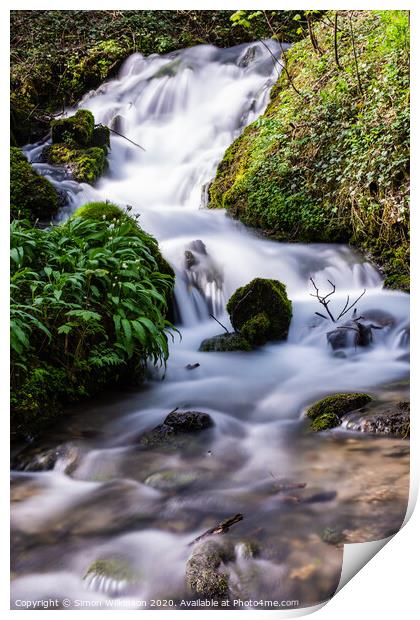 A waterfall surrounded by trees Print by Simon Wilkinson