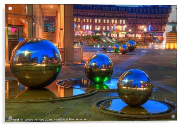 Sheffield steel balls outside the winter gardens Acrylic by Richard Ashbee