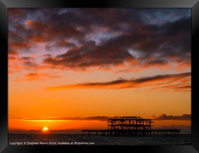 Brighton West Pier Sunrise Framed Print by Stephen Munn