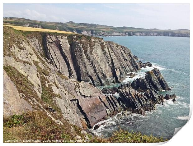 Rocky cliff near St. Davids, Pembrokeshire Print by David Mather