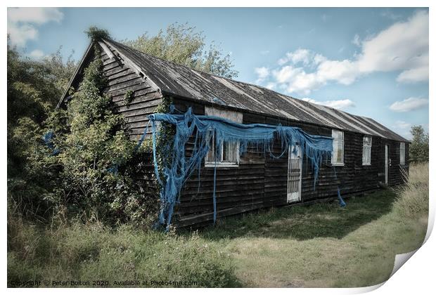 WWII abandoned barrack hut on the shore of the River Blackwater at Bradwell, Essex Print by Peter Bolton
