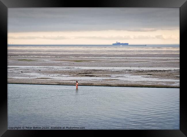 A lone bather in a formal seawater pool at East Beach, Shoeburyness, Essex, on the River Thames. Framed Print by Peter Bolton