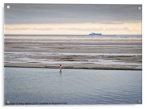 A lone bather in a formal seawater pool at East Beach, Shoeburyness, Essex, on the River Thames. Acrylic by Peter Bolton