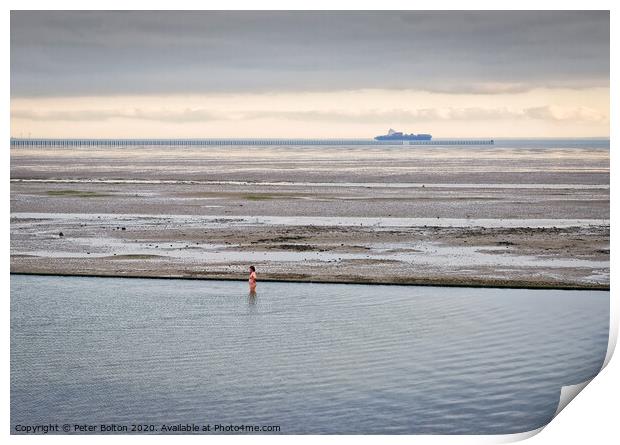 A lone bather in a formal seawater pool at East Beach, Shoeburyness, Essex, on the River Thames. Print by Peter Bolton