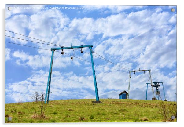 The framework of the mountain cable lift stand alone on the top of the mountain. Acrylic by Sergii Petruk
