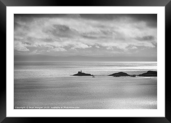 Mumbles lighthouse, black and white Framed Mounted Print by Bryn Morgan