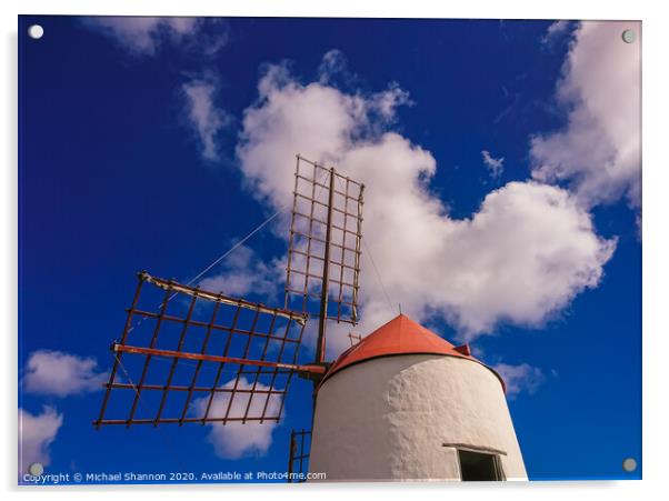 Windmill and sails on a sunny day in Lanzarote, Ca Acrylic by Michael Shannon