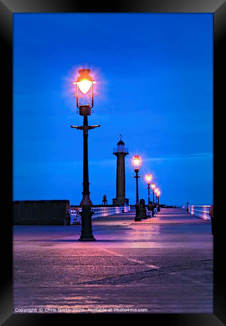 Pier Lights at dusk, Whitby. Framed Print by Chris North
