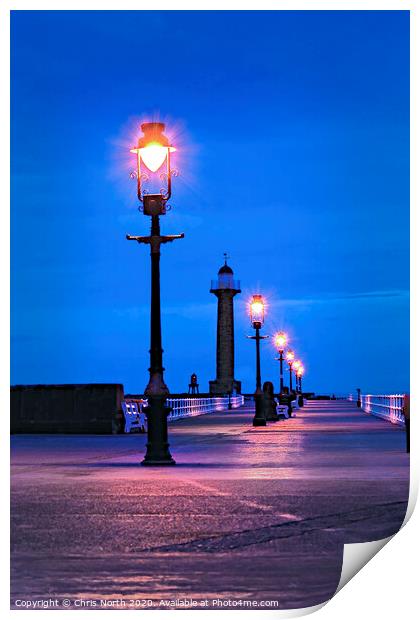 Pier Lights at dusk, Whitby. Print by Chris North