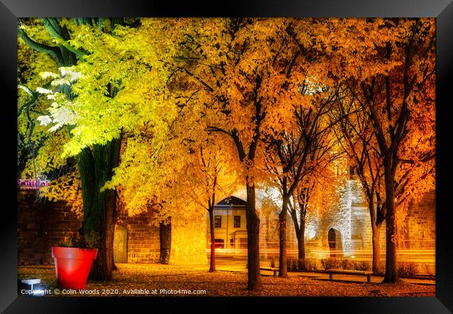 Porte St Louis, Quebec City, at night in autumn Framed Print by Colin Woods