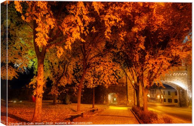 Porte St Louis, Quebec City, at night in autumn Canvas Print by Colin Woods