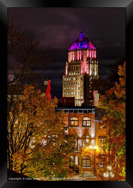 The Price Building, Quebec City, at night in autumn. Framed Print by Colin Woods