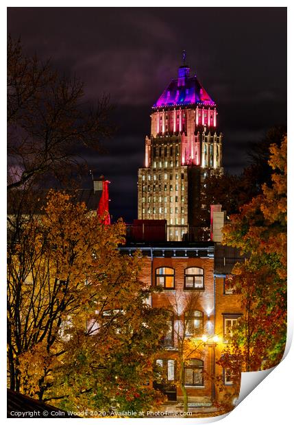 The Price Building, Quebec City, at night in autumn. Print by Colin Woods