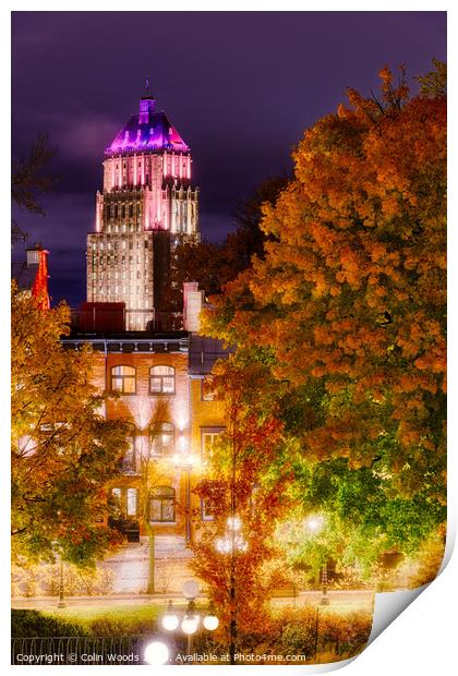 The Price Building, Quebec City, at night in autumn. Print by Colin Woods