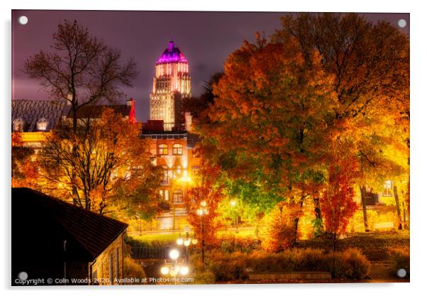 The Price Building, Quebec City, at night in autumn. Acrylic by Colin Woods