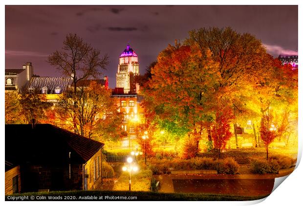 The Price Building, Quebec City, at night in autumn. Print by Colin Woods