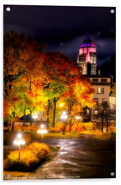 The Price Building, Quebec City, at night in autumn. Acrylic by Colin Woods