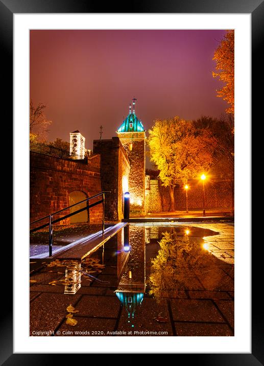 The Porte St Louis, Quebec City, at night reflected in a puddle of water Framed Mounted Print by Colin Woods