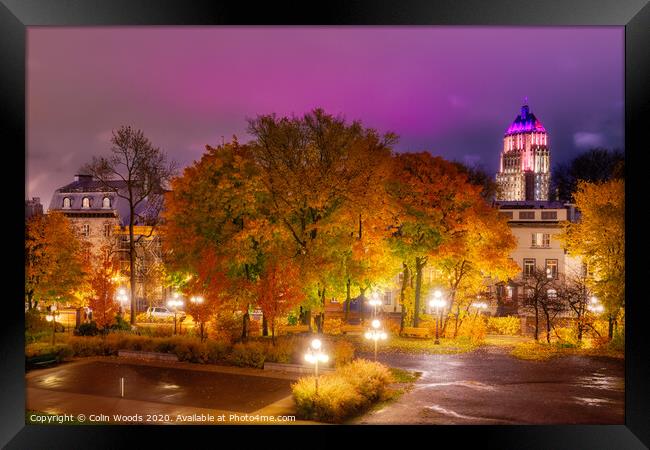 The Price Building, Quebec City, at night in autumn. Framed Print by Colin Woods