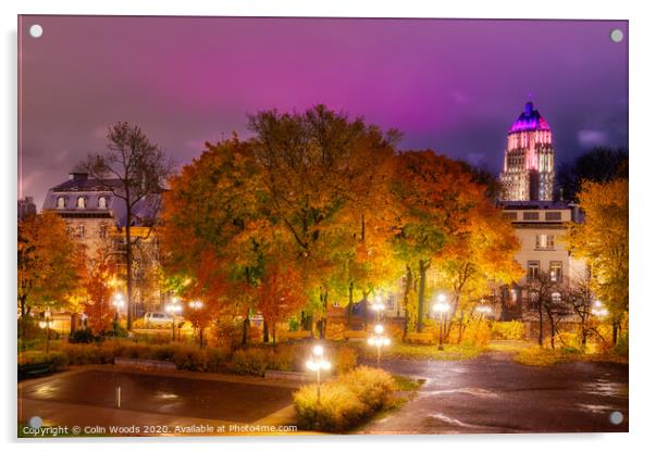 The Price Building, Quebec City, at night in autumn. Acrylic by Colin Woods