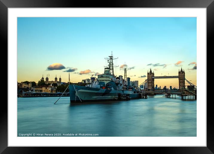 HMS Belfast, The Tower of London and Tower Bridge at Sunset Framed Mounted Print by Hiran Perera