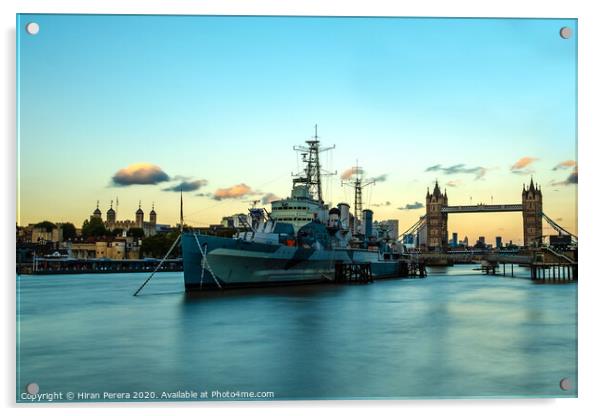 HMS Belfast, The Tower of London and Tower Bridge at Sunset Acrylic by Hiran Perera