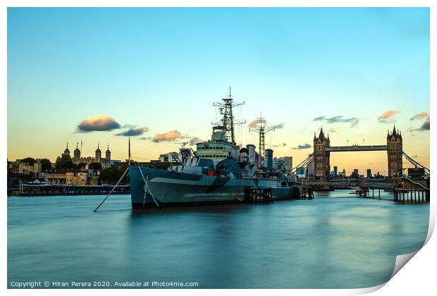 HMS Belfast, The Tower of London and Tower Bridge at Sunset Print by Hiran Perera