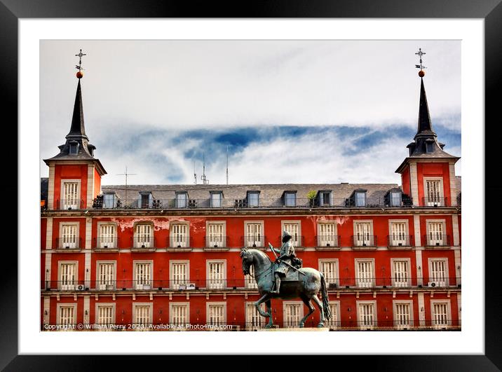 King Philip III Equestrian Statue Plaza Mayor Cityscape Madrid Spain Framed Mounted Print by William Perry
