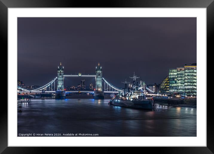 Tower Bridge and HMS Belfast at Night Framed Mounted Print by Hiran Perera