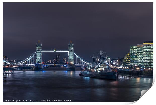 Tower Bridge and HMS Belfast at Night Print by Hiran Perera