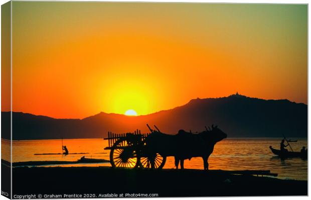 Bullock cart at sunset on the Irrawaddy River, Old Canvas Print by Graham Prentice