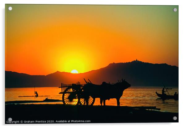 Bullock cart at sunset on the Irrawaddy River, Old Acrylic by Graham Prentice