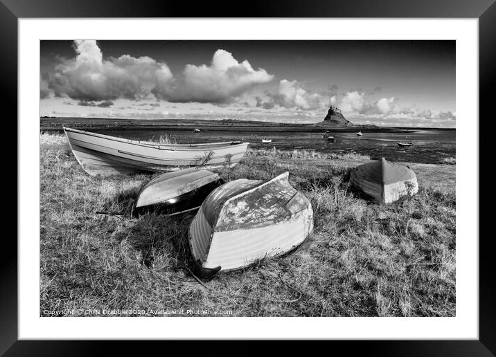 Boats at Lindisfarne in mono Framed Mounted Print by Chris Drabble