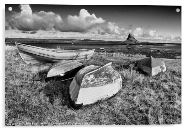 Boats at Lindisfarne in mono Acrylic by Chris Drabble
