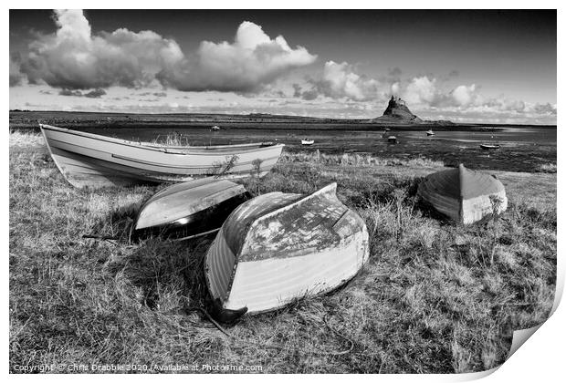 Boats at Lindisfarne in mono Print by Chris Drabble
