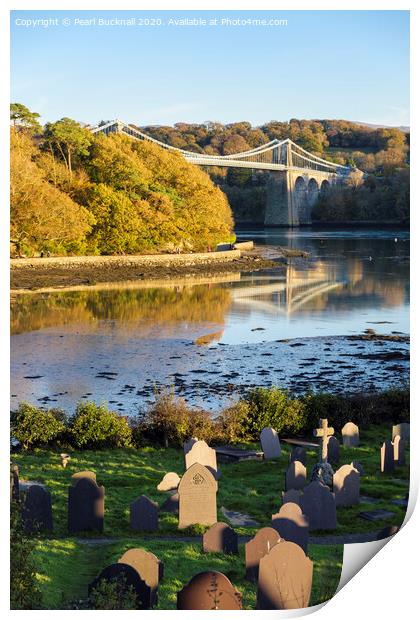 Menai Bridge from Church Island Anglesey Print by Pearl Bucknall