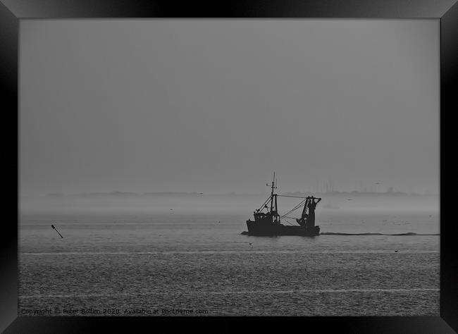 A fishing boat in early morning heading downriver on The River Thames. Framed Print by Peter Bolton