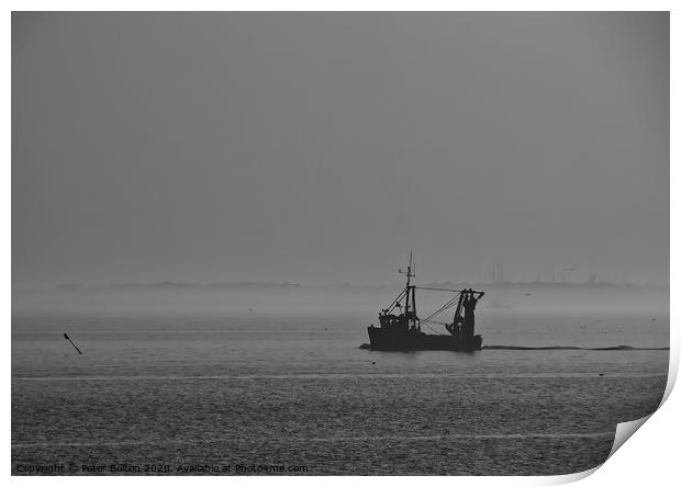 A fishing boat in early morning heading downriver on The River Thames. Print by Peter Bolton