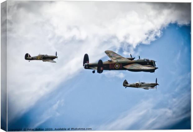 Battle of Britain Memorial Flight. Wellington, Spitfire and Hurricane. Canvas Print by Peter Bolton