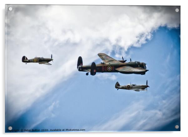 Battle of Britain Memorial Flight. Wellington, Spitfire and Hurricane. Acrylic by Peter Bolton