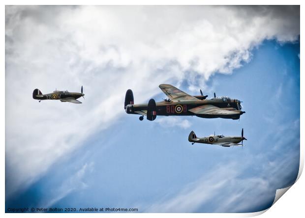 Battle of Britain Memorial Flight. Wellington, Spitfire and Hurricane. Print by Peter Bolton