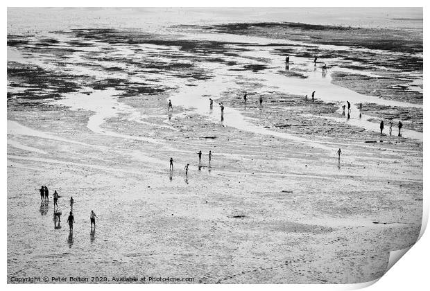 View of beach shot from above with people forming an abstract design. Print by Peter Bolton