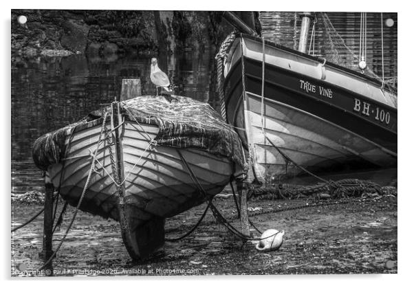 Boats at Low Tide, Brixham, Monochrome Acrylic by Paul F Prestidge