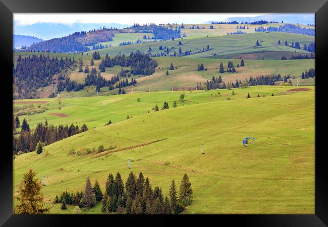 Landscape of the spring Carpathian mountains with blue masts of a mountain cable lift leading to the top of the mountain. Framed Print by Sergii Petruk