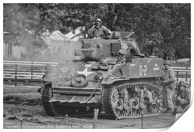 M3 Stuart tank in action at a reenactors military  Print by Richard Ashbee