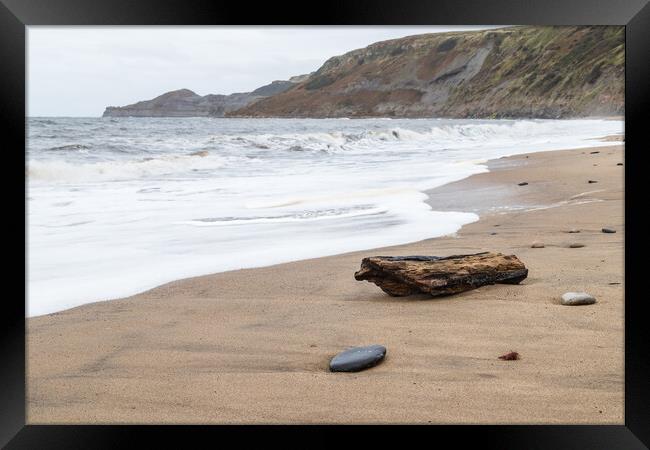 Driftwood on Runswick Bay beach Framed Print by Jason Wells