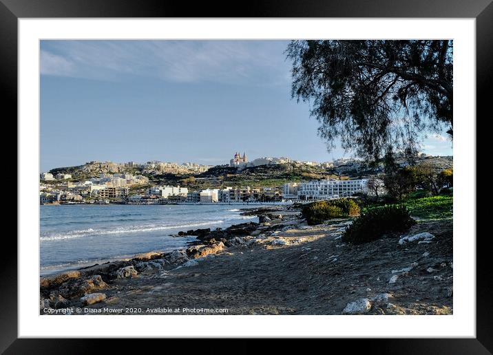 Mellieha Beach and town and Malta Framed Mounted Print by Diana Mower