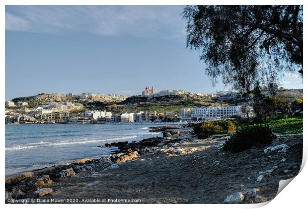 Mellieha Beach and town and Malta Print by Diana Mower